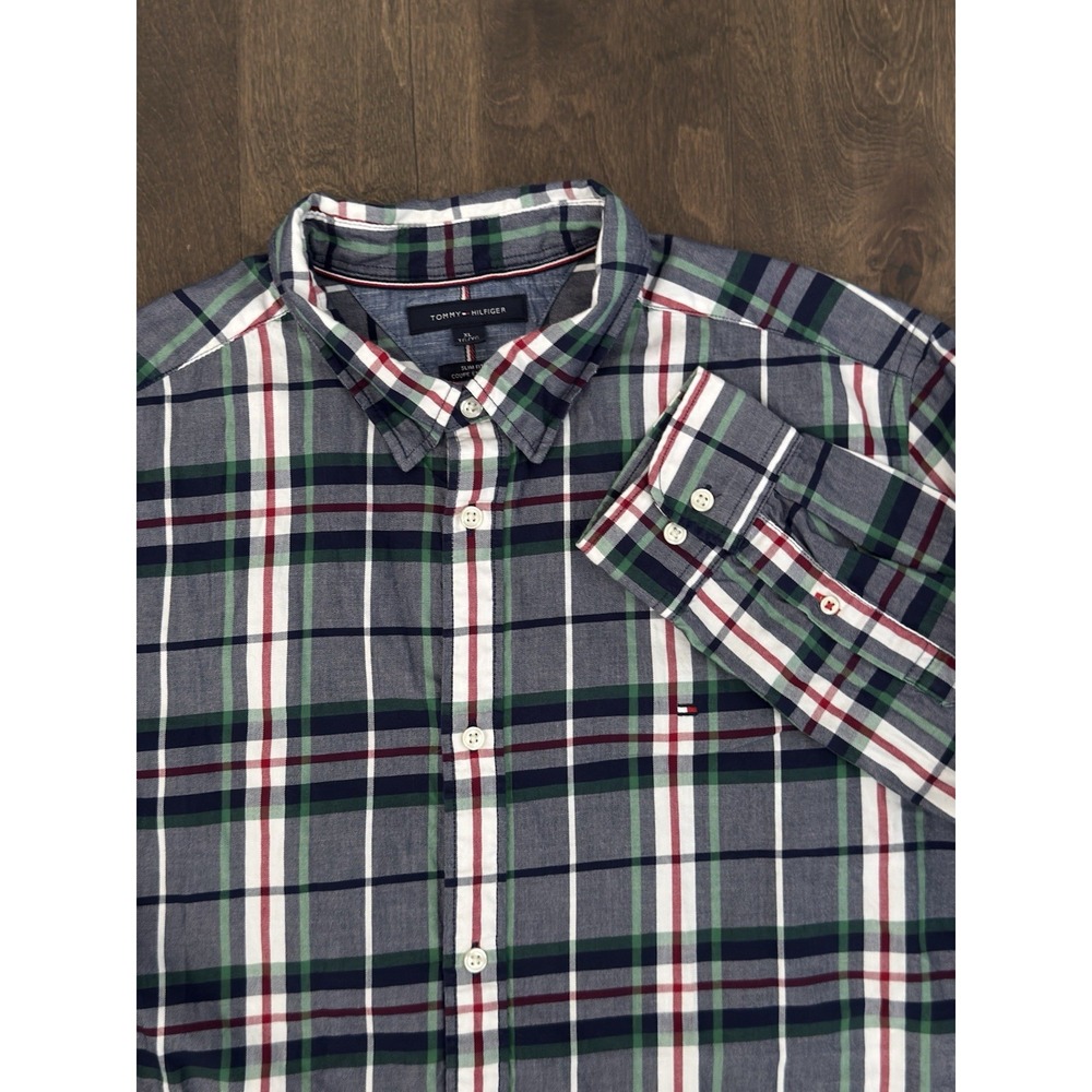 Tommy Hilfiger Mens Slim Fit Colorful Plaid Button Down Shirt Size XL Flag Logo